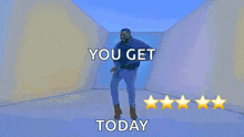 a person is dancing in a room with the words `` you get today '' written on the bottom .