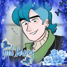 a cartoon of a man with blue hair and the words good morning on the bottom