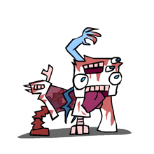 a cartoon drawing of a monster with a huge mouth and a blue arm