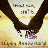 a happy anniversary greeting card with a couple holding hands