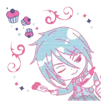 a drawing of a person with cupcakes and swirls