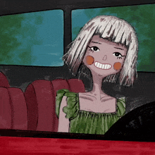 a drawing of a girl in a car with a big smile on her face