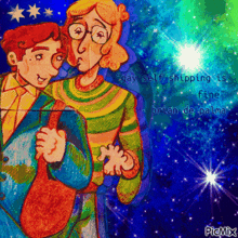 a drawing of two people with the words gay self shipping is fine on the bottom