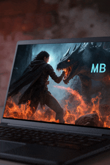 a laptop with a picture of a man fighting a dragon and the words mb on the screen