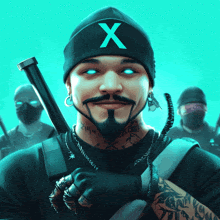 a man with a beard wears a black hat with a blue x on it