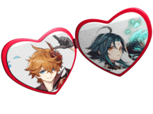 two red heart shaped mirrors with a picture of two anime characters on them