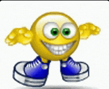 a smiley face is wearing blue sneakers and has wings .