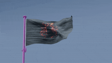 a black flag with red swirls on it is waving in the wind
