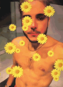 a shirtless man with yellow flowers on his face