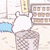 a cartoon drawing of a chinchilla peeking out of a trash can