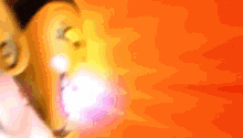 a close up of a person 's face with a light coming out of it on a orange background .