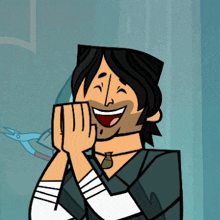 a cartoon character is smiling with his eyes closed and his mouth open