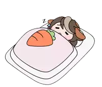 a cartoon of a dog sleeping in a bed with a carrot on the blanket .
