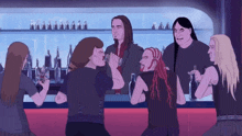a group of people are standing around a bar and one of them is holding a glass that says ' coca cola '