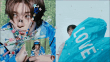 a boy in a blue jacket is holding a blue bag that says `` love '' .