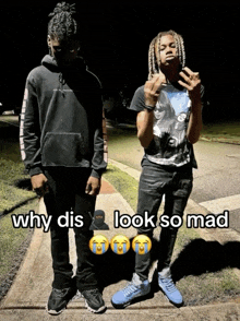 two men standing next to each other with why dis look so mad written on the bottom