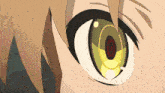 a close up of a anime character 's eye with a red pupil