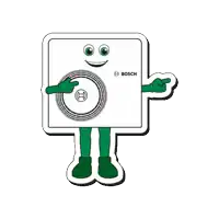 a bosch mascot with green arms and legs is pointing at something