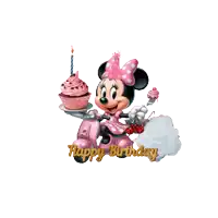 minnie mouse on a scooter holding a cupcake with a candle and the words happy birthday below her