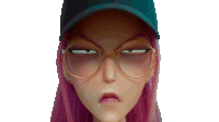a girl with pink hair wearing glasses and a baseball cap