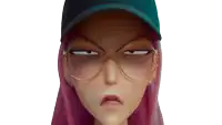 a girl with pink hair wearing glasses and a baseball cap