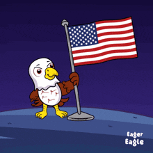 a bald eagle holding an american flag in front of fireworks with the words red white & boom