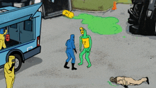 a cartoon drawing of a man in a yellow shirt standing next to a man in a blue shirt