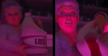 a woman is holding a gallon of lust and pouring it into a cup .
