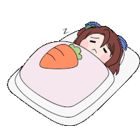 a cartoon girl is sleeping in a bed with a carrot on her blanket .