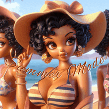 a cartoon drawing of a woman wearing a bikini and a hat with the words summer mode below her