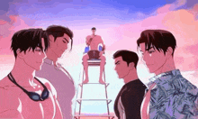 a group of men are standing around a lifeguard tower .