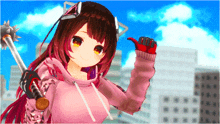 a girl in a pink hoodie is holding a sword and giving the thumbs up sign