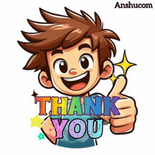 a cartoon boy giving a thumbs up with the words thank you