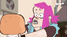 a cartoon of a girl with pink hair holding a hamburger with the word ok on the bottom