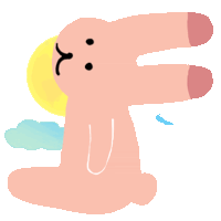 a pink bunny with a sad face is sitting in front of a sun and clouds