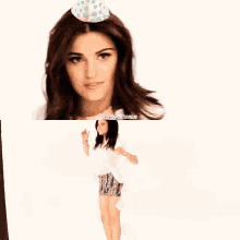 a woman wearing a party hat and a white shirt with the words edits portrayed below her
