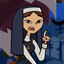 a cartoon nun with a cross on her shirt is pointing up