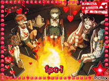 a group of anime characters are sitting around a fire with the words " my heart belongs to you "