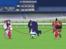 a cartoon of a girl leading two horses on a leash on a field