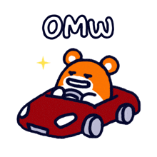 a cartoon of a bear driving a red car with the word omw below it