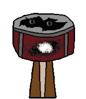 a pixel art drawing of a hammer with two eyes on it