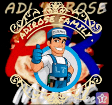 a logo for the adirose family shows a man in overalls and a blue hat