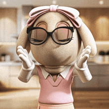 a cartoon character wearing glasses and a bow on her head