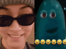 a picture of a person wearing sunglasses next to a picture of a green object with smiley faces on it