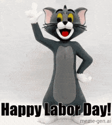 a figurine of tom from tom and jerry is giving a middle finger and saying happy labor day .