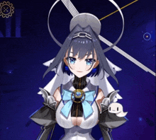a cartoon character with a bow on her chest and a ghost on her shoulder
