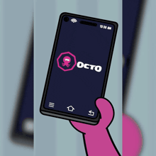 a cartoon hand is holding a cell phone that says octo on the screen