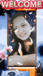 a welcome sign with a picture of a woman in it