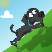 a cartoon dog with a blue collar is jumping up a hill