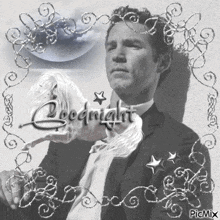 a man in a suit is holding a white horse with the words goodnight written on the bottom